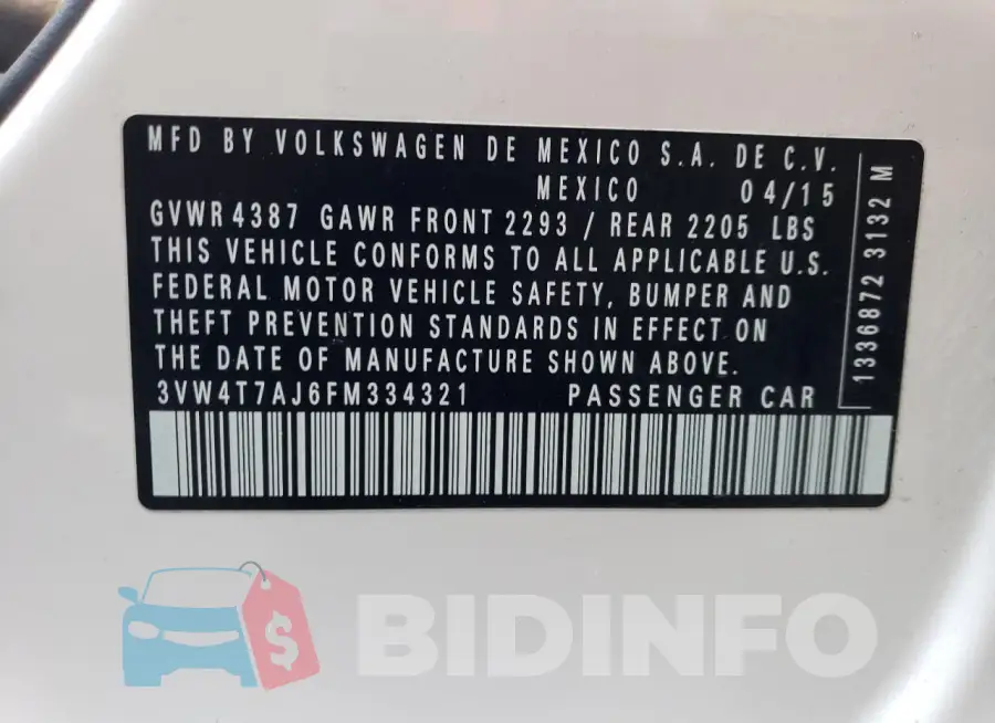 3VW4T7AJ6FM334321 Photo# 12