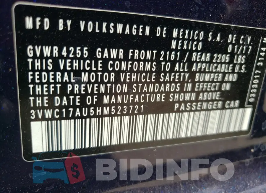 3VWC17AU5HM523721 Photo# 12