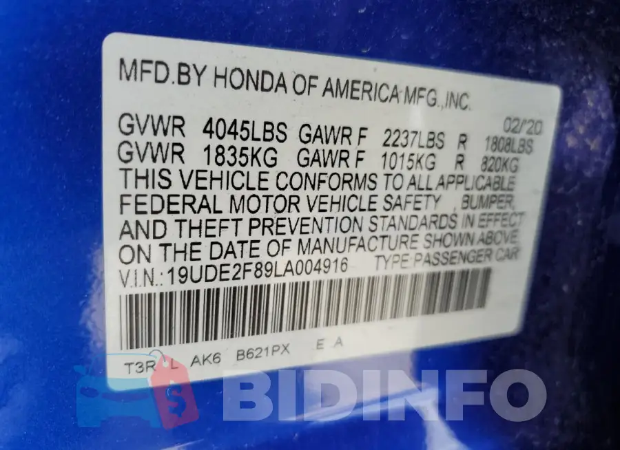 19UDE2F89LA004916 Photo# 12