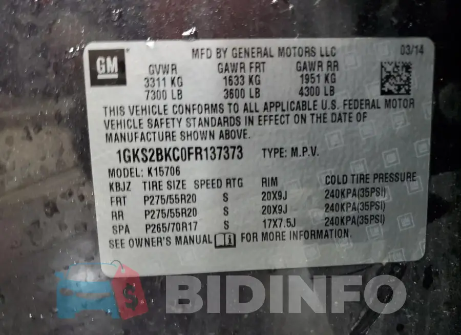 1GKS2BKC0FR137373 Photo# 13