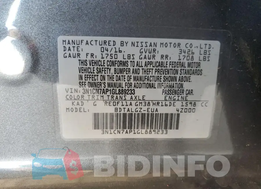3N1CN7AP1GL889233 Photo# 12
