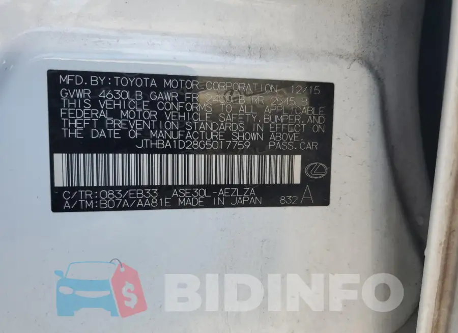 JTHBA1D28G5017759 Photo# 12