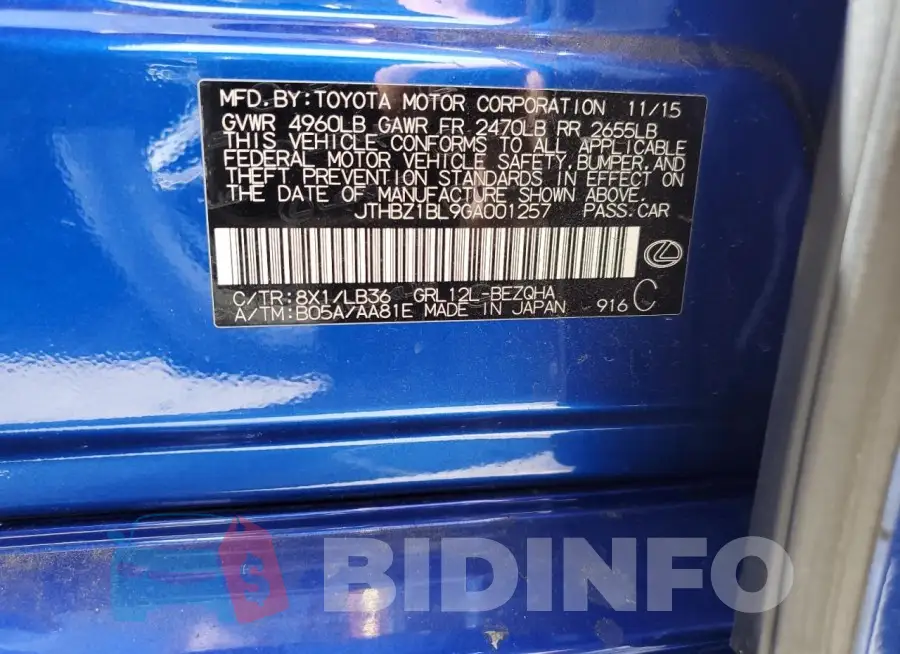 JTHBZ1BL9GA001257 Photo# 12