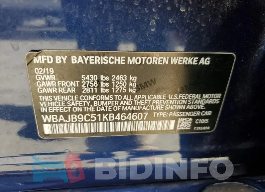 WBAJB9C51KB464607 Photo# 12