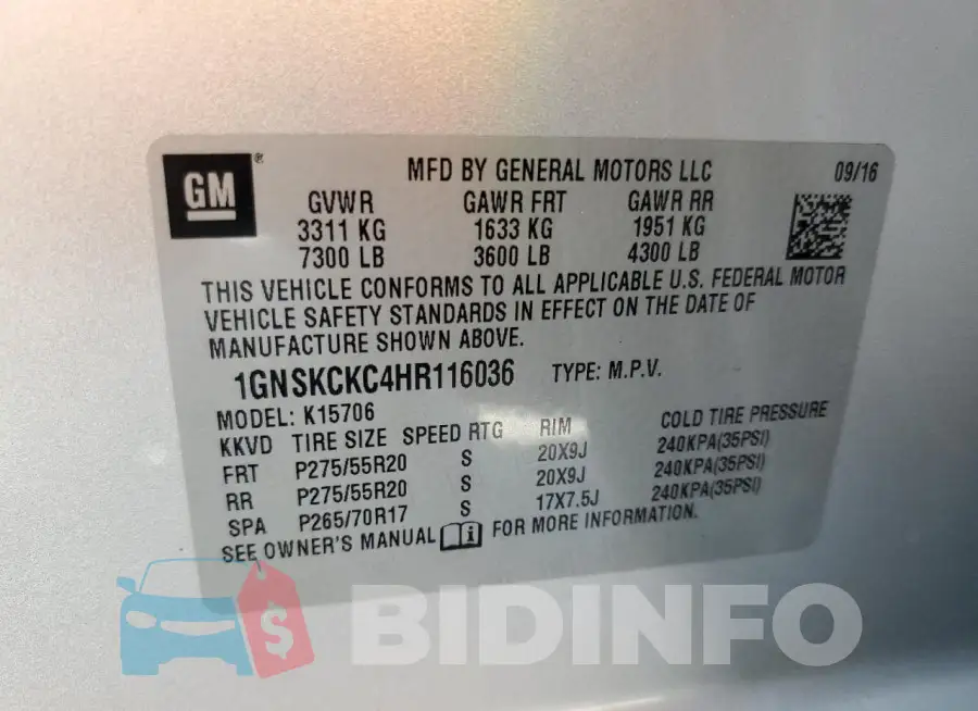 1GNSKCKC4HR116036 Photo# 13