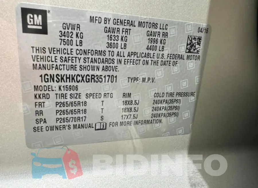 1GNSKHKCXGR351701 Photo# 15