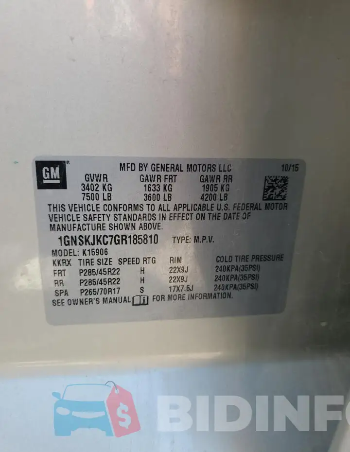 1GNSKJKC7GR185810 Photo# 13