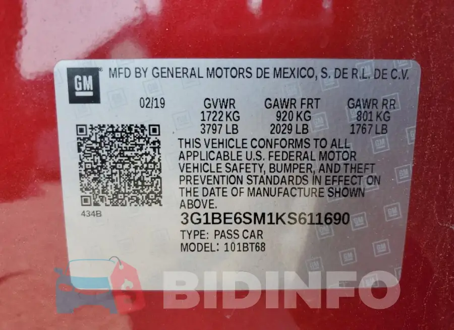 3G1BE6SM1KS611690 Photo# 12