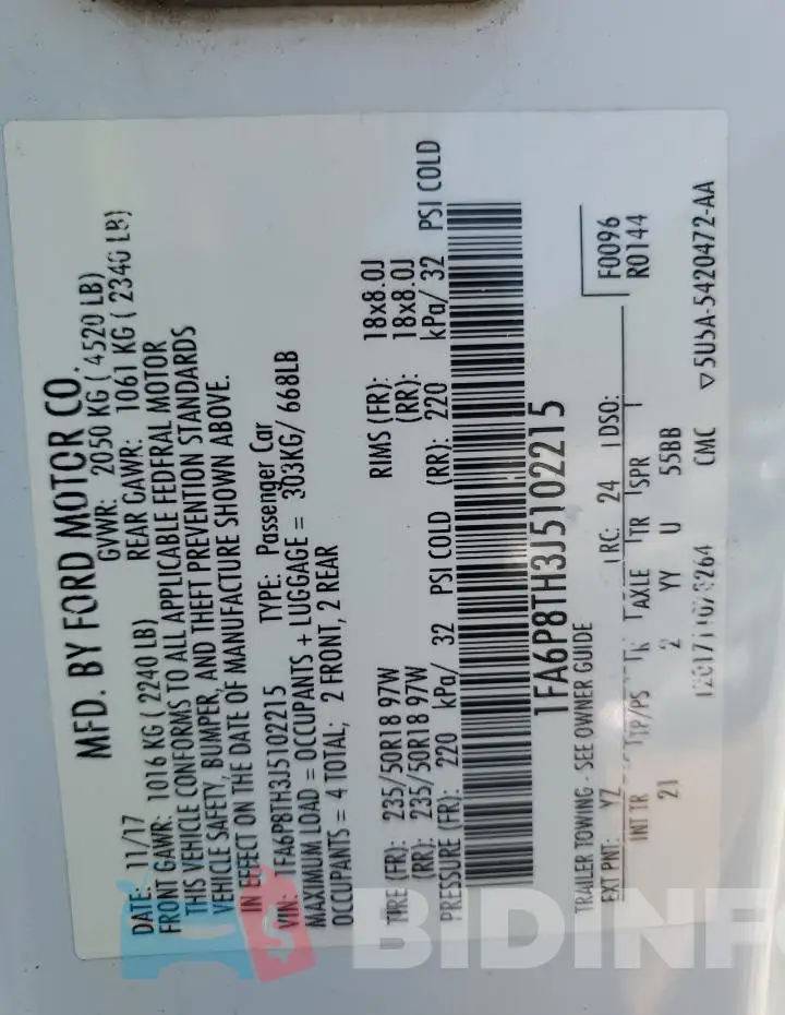 1FA6P8TH3J5102215 Photo# 12
