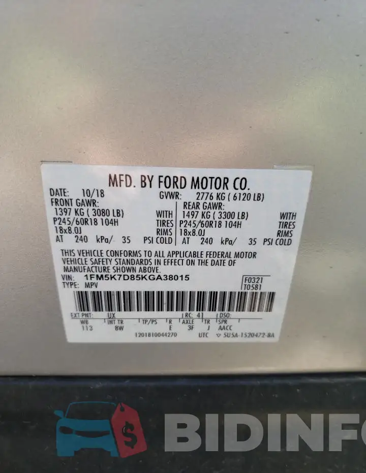 1FM5K7D85KGA38015 Photo# 12