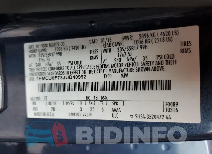 1FMCU0F73JUB40992 Photo# 12