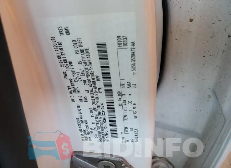 1FMCU0HDXKUC31374 Photo# 12