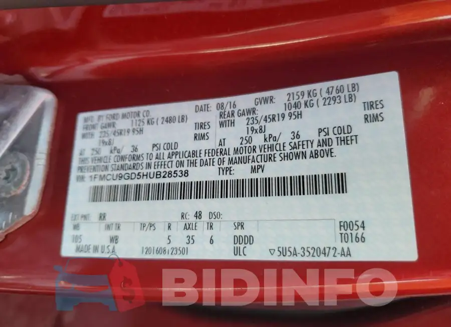 1FMCU9GD5HUB28538 Photo# 13