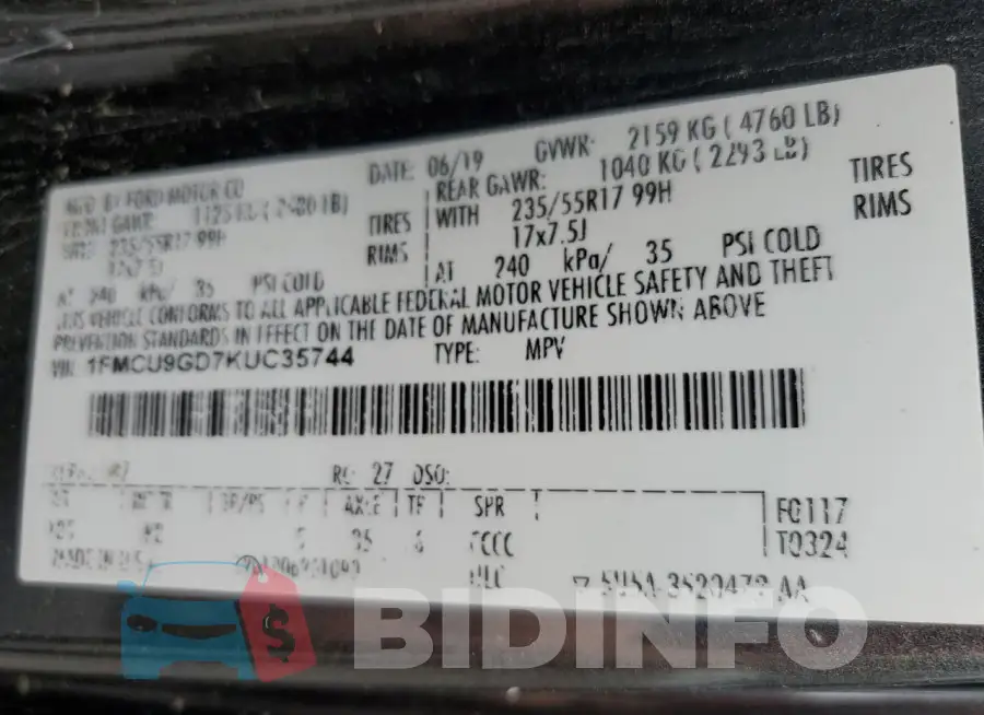 1FMCU9GD7KUC35744 Photo# 13