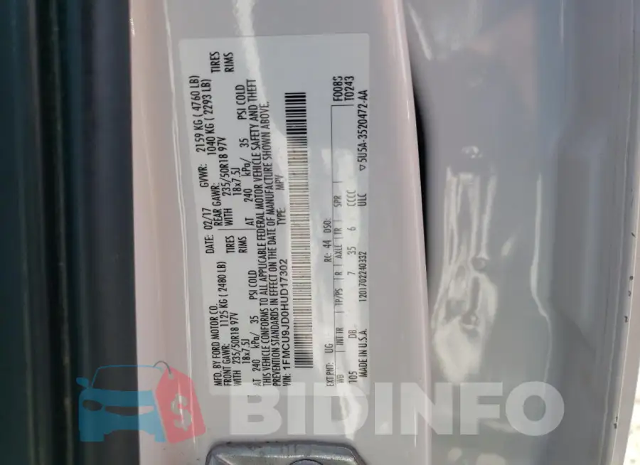 1FMCU9JD0HUD17302 Photo# 13