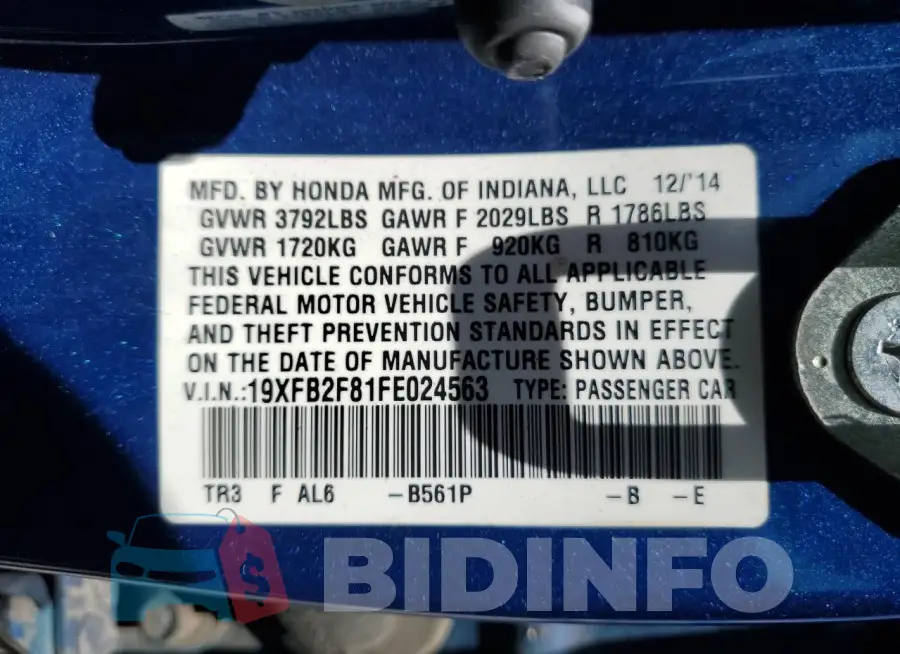 19XFB2F81FE024563 Photo# 12