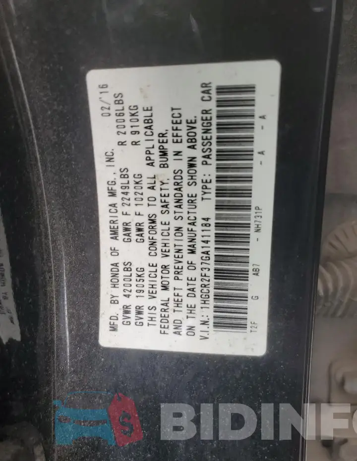 1HGCR2F37GA141184 Photo# 12