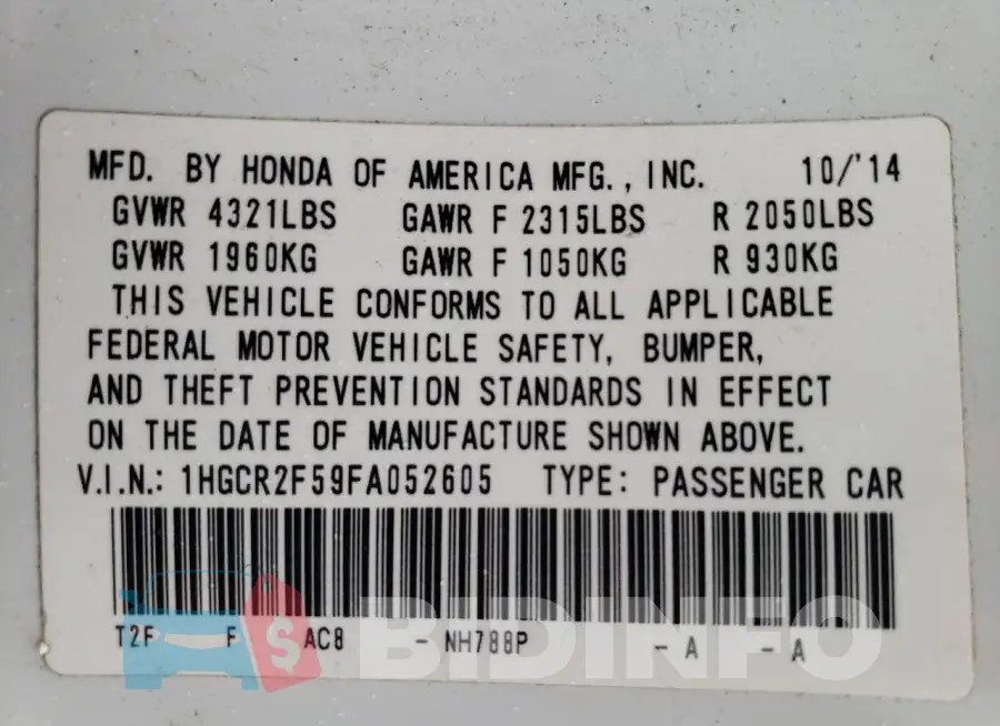 1HGCR2F59FA052605 Photo# 12