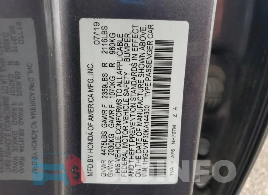 1HGCV1F30KA144300 Photo# 13