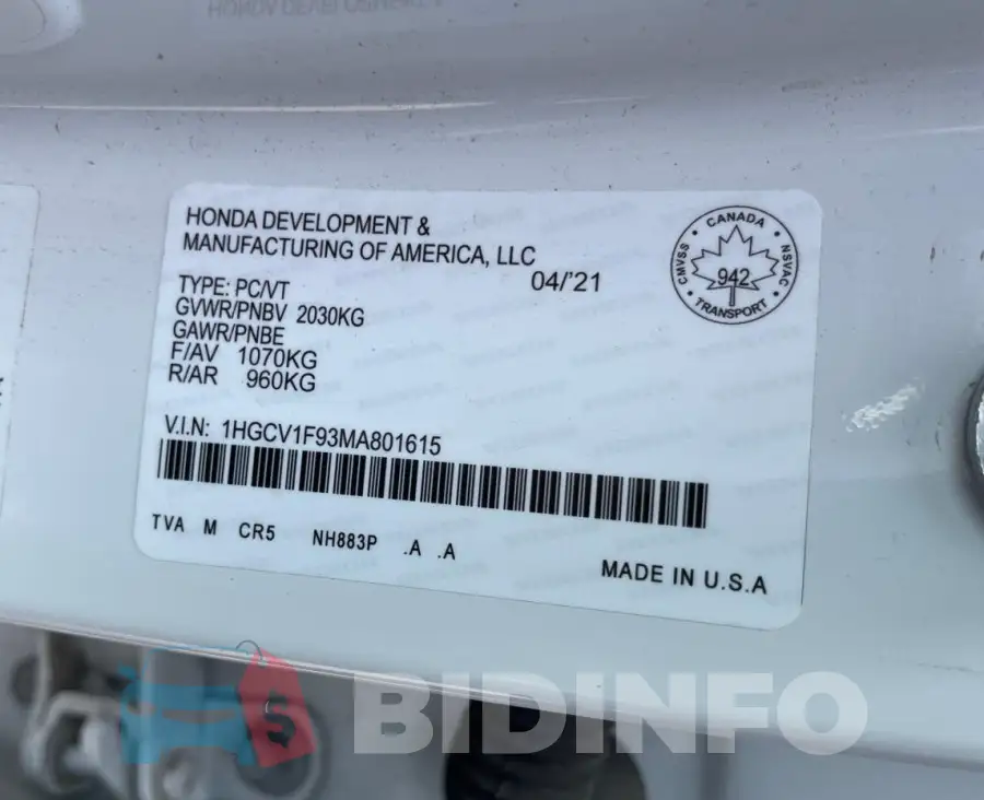 1HGCV1F93MA801615 Photo# 10