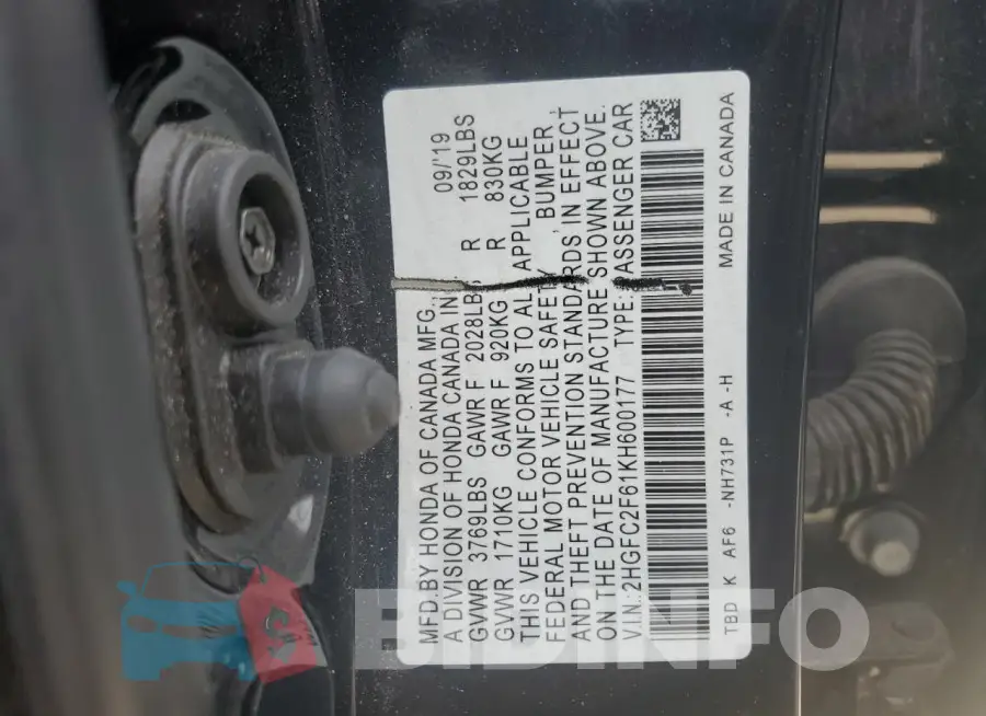 2HGFC2F61KH600177 Photo# 12