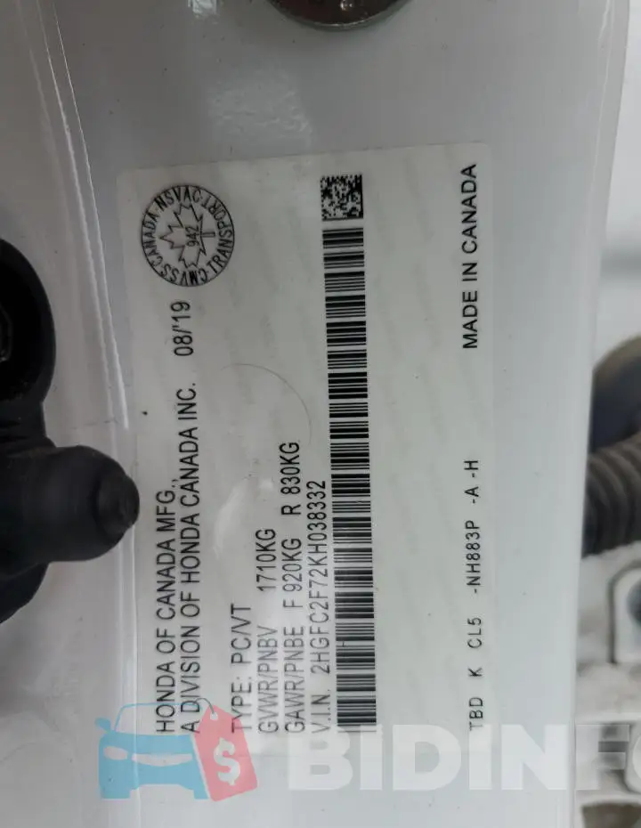 2HGFC2F72KH038332 Photo# 13