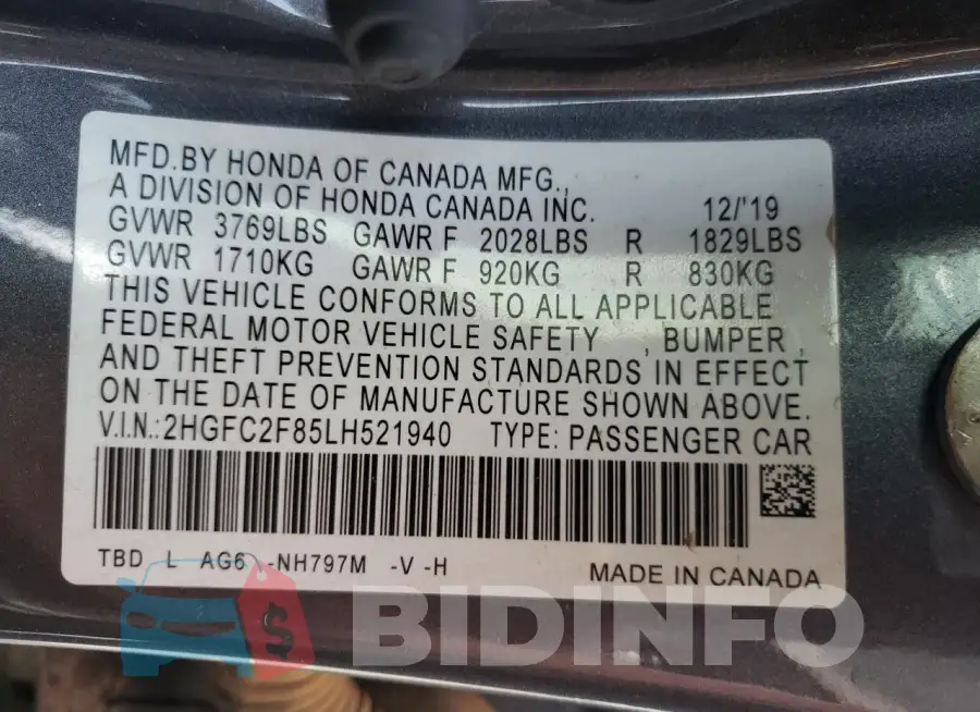 2HGFC2F85LH521940 Photo# 12