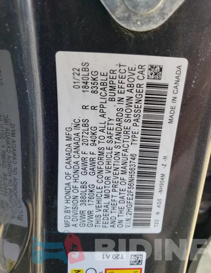 2HGFE2F56NH563746 Photo# 12
