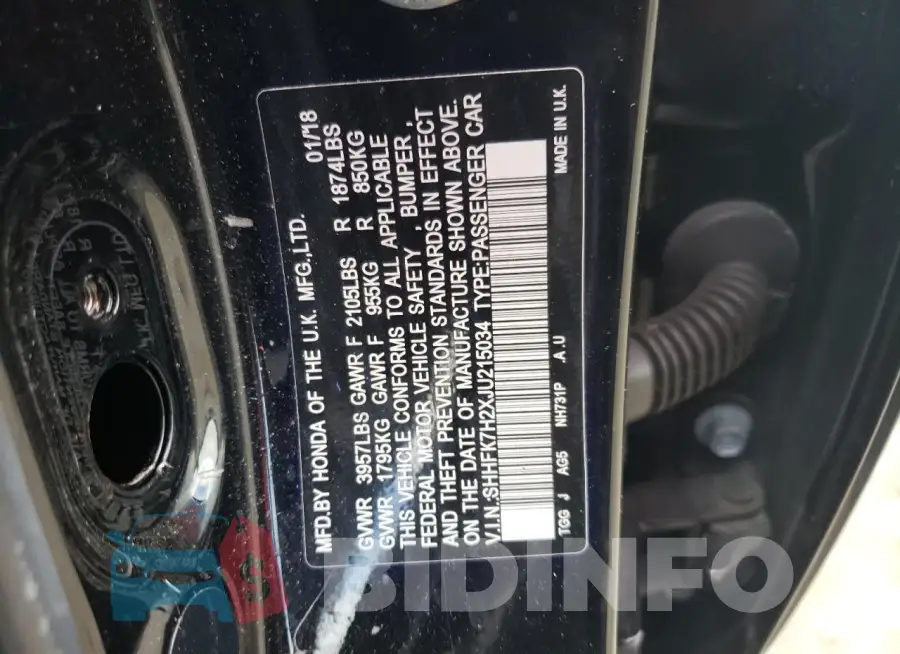 SHHFK7H2XJU215034 Photo# 12