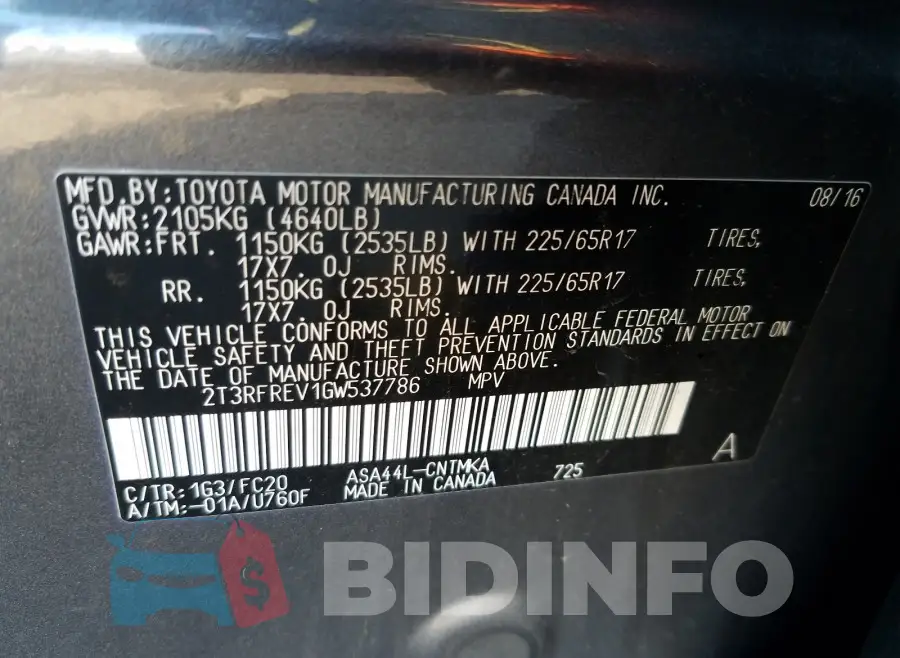 2T3RFREV1GW537786 Photo# 10