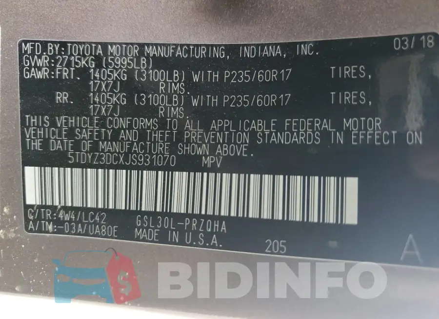 5TDYZ3DCXJS931070 Photo# 13