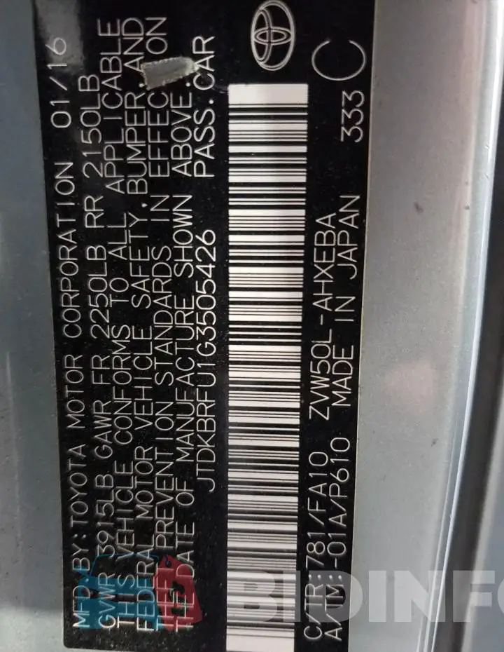 JTDKBRFU1G3505426 Photo# 13
