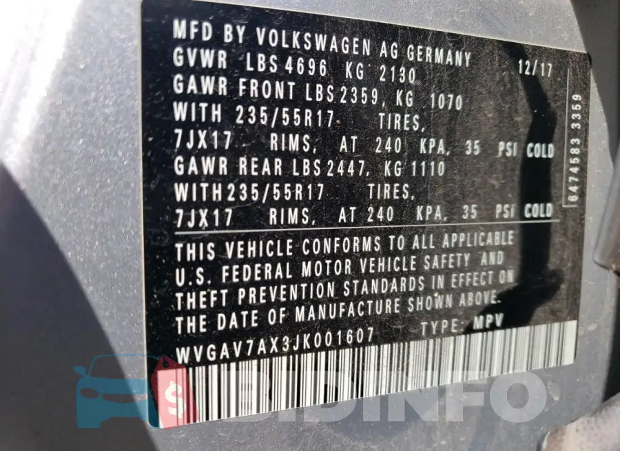 WVGAV7AX3JK001607 Photo# 12