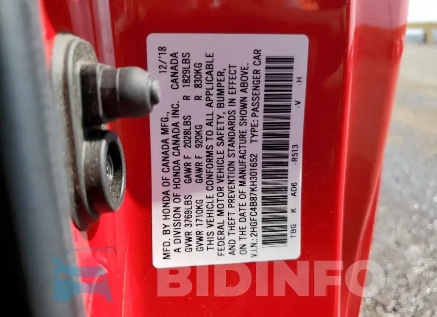 2HGFC4B87KH301652 Photo# 12