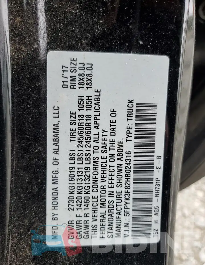 5FPYK3F82HB024316 Photo# 12