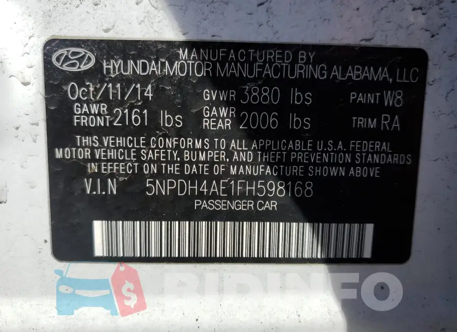 5NPDH4AE1FH598168 Photo# 12