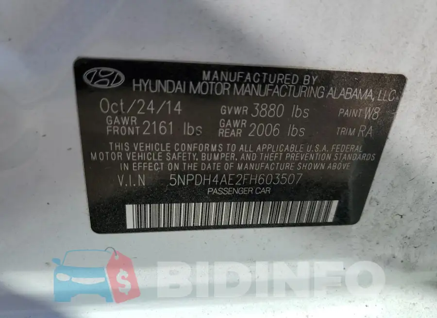 5NPDH4AE2FH603507 Photo# 12