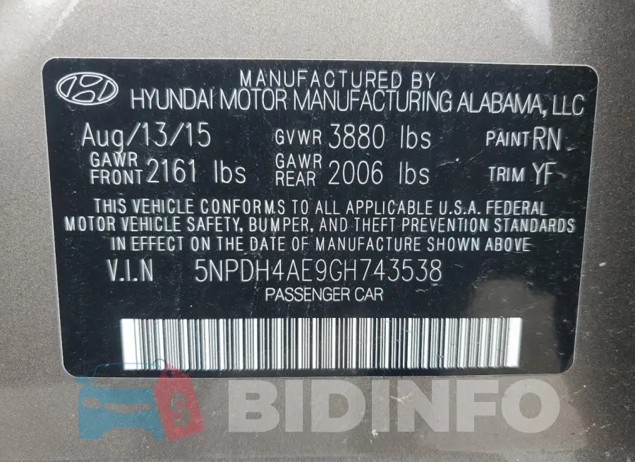 5NPDH4AE9GH743538 Photo# 12
