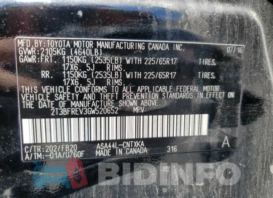2T3BFREV3GW520652 Photo# 12