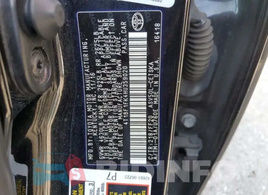 4T1BF1FK4HU359020 Photo# 12