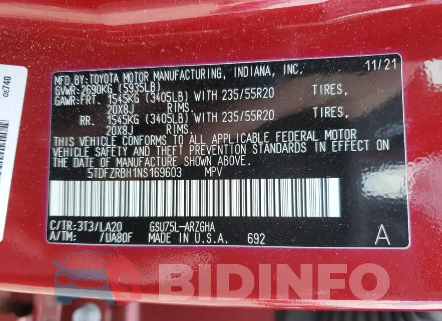 5TDFZRBH1NS169603 Photo# 13