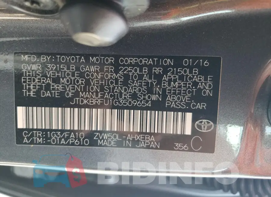 JTDKBRFU1G3509654 Photo# 12
