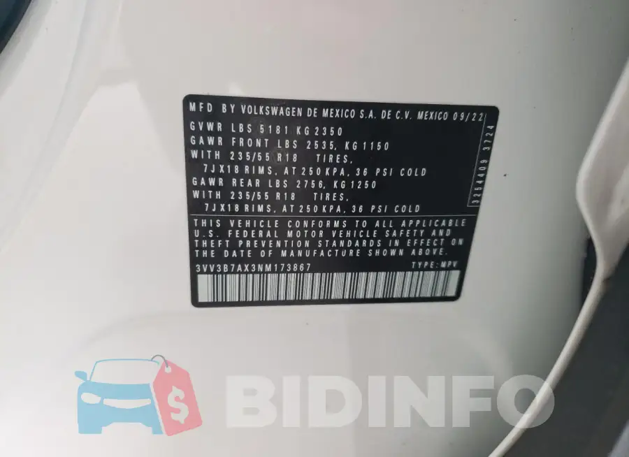 3VV3B7AX3NM173867 Photo# 12