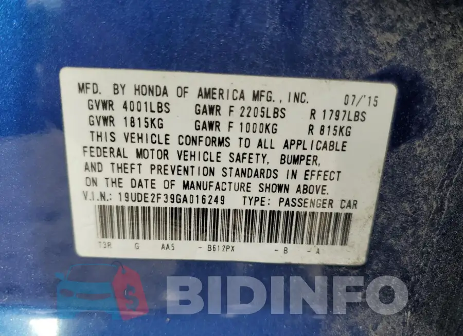 19UDE2F39GA016249 Photo# 12