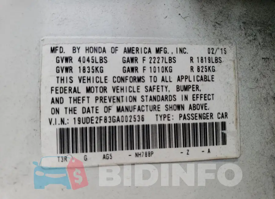 19UDE2F83GA002536 Photo# 12