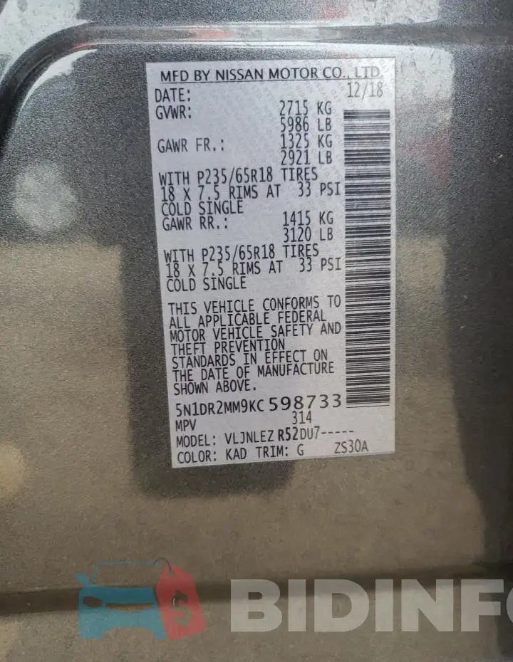 5N1DR2MM9KC598733 Photo# 13