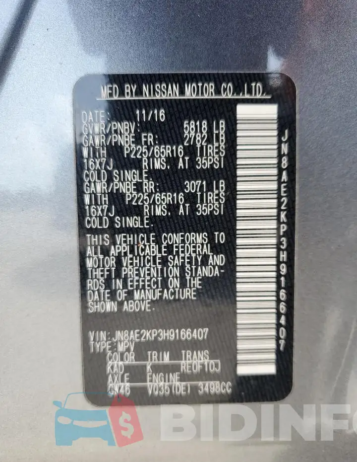 JN8AE2KP3H9166407 Photo# 13