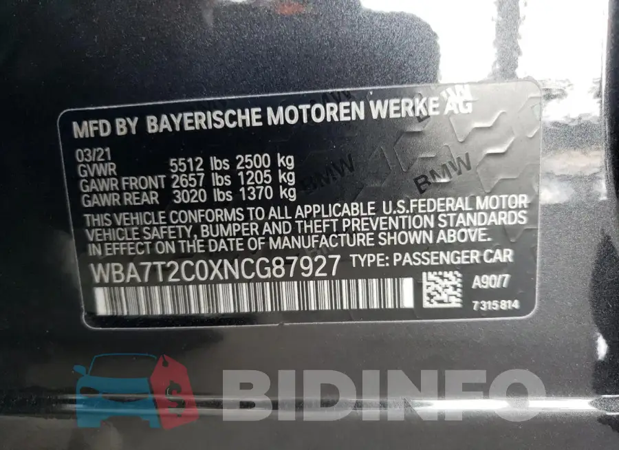 WBA7T2C0XNCG87927 Photo# 12