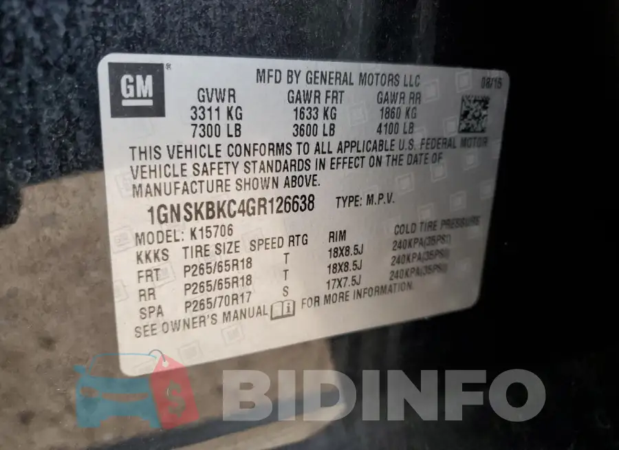 1GNSKBKC4GR126638 Photo# 13