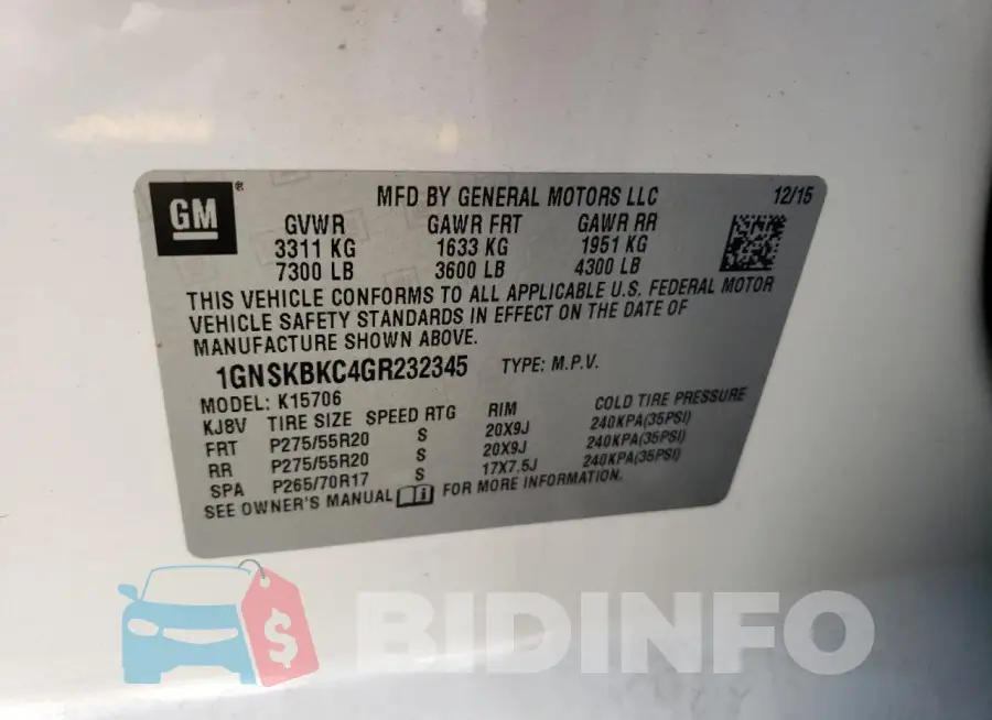1GNSKBKC4GR232345 Photo# 13